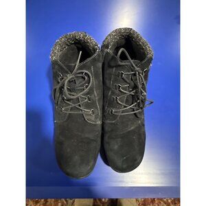 Black Suede Lace-Up Ankle Boots WFY025 Womens Size 10 Knit Cuff Rugged Sole Made